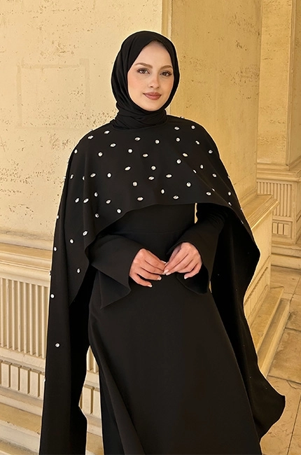 PELERİNLİ TAŞLI ABİYE SİYAH