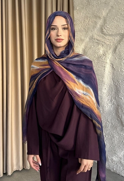 ORGANIC TOUCH VİSKOZ BLEND DESEN ŞAL İNDİGO VİZON